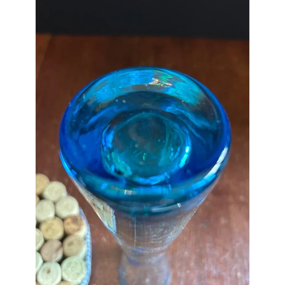 Vintage Blue Glass Bud Vase Etched Grape Vine Frosted 9.5
